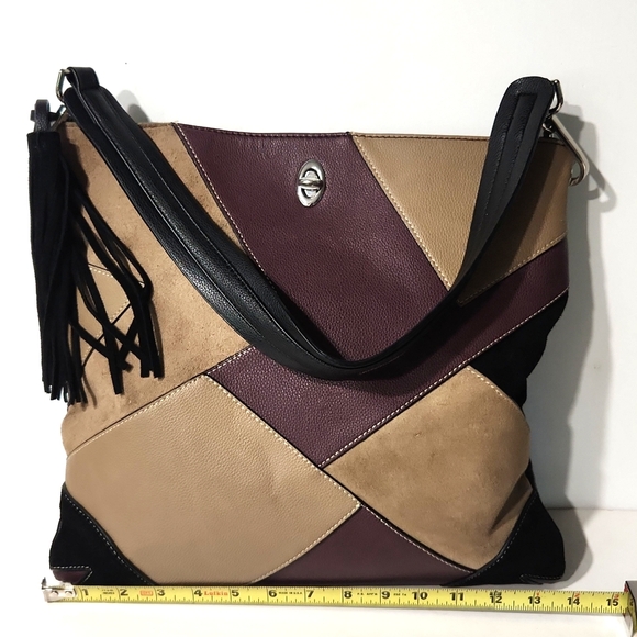 Sondra Roberts Patchwork Large Leather Shoulder Bag Satchel Tote EUC! - Picture 9 of 13